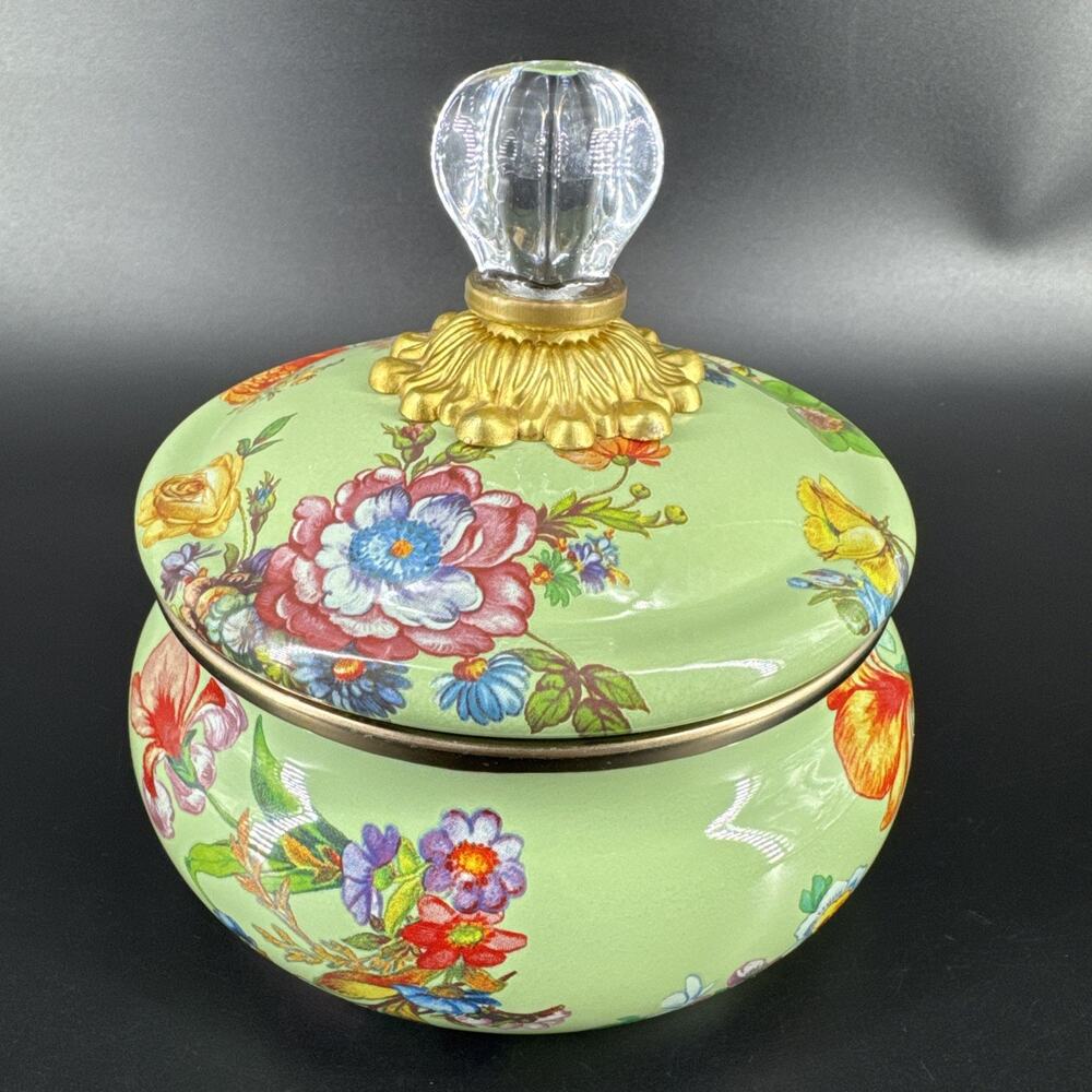 Mackenzie Child's Green Flower Market Squashed Enamel Metal Pot Retired READ